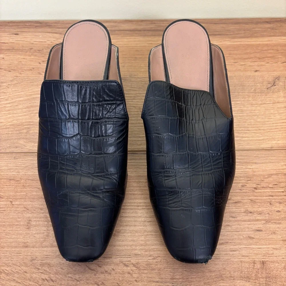 LINEA PAOLO Womens Giselle Croco Embossed Leather Mules Size 8 Black Crocodile - Picture 4 of 12